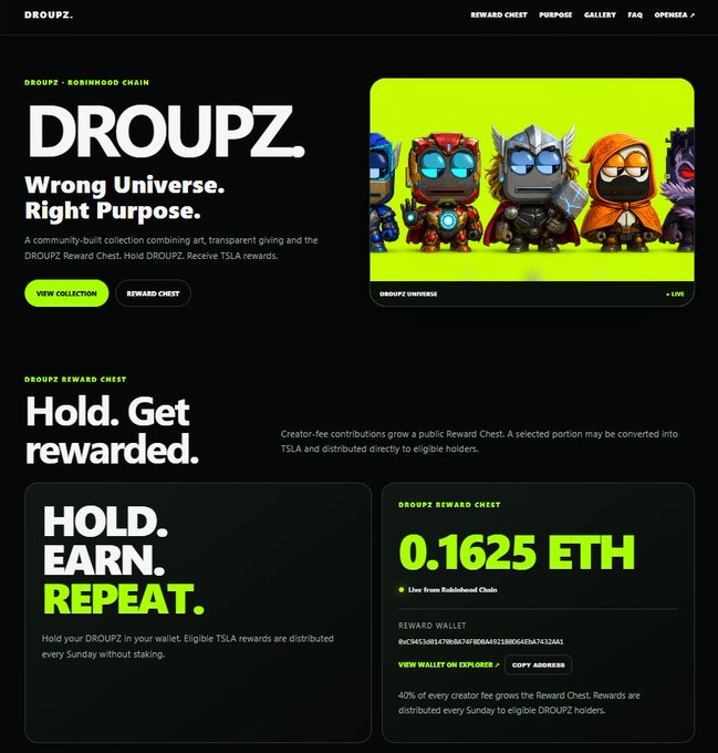 A webpage for 'DROUPZ' on the Robinhood Chain advertises a collection with the tagline 'Wrong Universe. Right Purpose.' and highlights a 'DROUPZ REWARD CHEST' containing 0.1625 ETH.