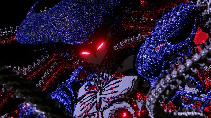 A dark, stylized digital artwork featuring a shadowy figure with glowing red eyes surrounded by intricate blue and red beaded or jewel-like textures.