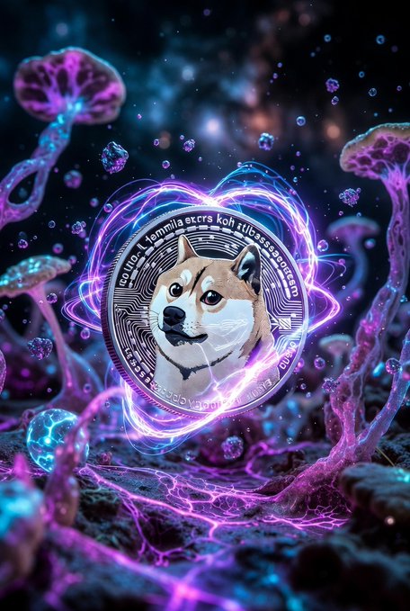 A glowing Dogecoin cryptocurrency coin featuring the iconic Shiba Inu dog at its center is surrounded by swirling purple and blue neon energy, set against a surreal cosmic backdrop with bioluminescent mushrooms. Partial text resembling "decentralized" and other crypto terminology curves around the coin's edge, reinforcing the digital currency theme.