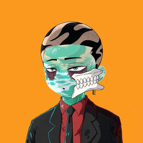 A stylized anime-style character with teal skin, a camo-patterned head, and a menacing toothy mask wears a black suit with red shirt and tie against an orange background, fitting the edgy NFT aesthetic for the KinsmanNFT project.