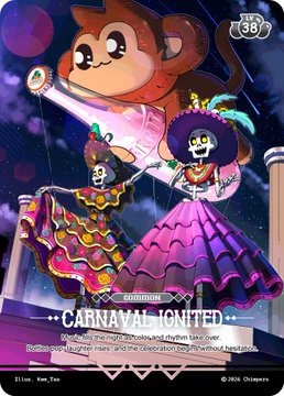 A colorful digital illustration of monkey characters in Day of the Dead attire for a 'CARNAVAL IGNITED' event, featuring a disco ball labeled '36' and a date of '19 Oktober' in Shimpos.