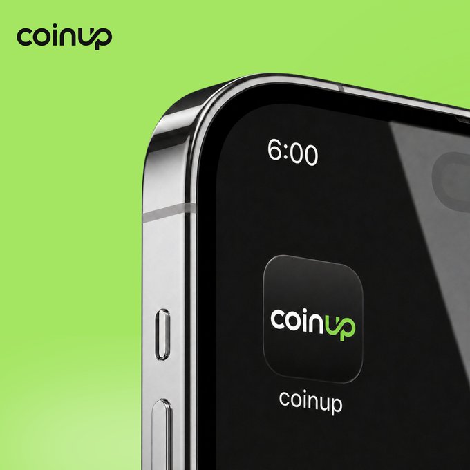 A close-up product mockup of a smartphone displaying the 'coinup' app icon, with the 'coinup' logo also visible in the upper left corner against a green background.