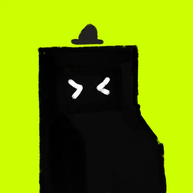 A silhouetted figure wearing a small hat and displaying angry, squinting eyes (>_<) is set against a bright lime green background, conveying visible frustration. The cartoonish angry face visually reinforces the post's skeptical and irritated tone, illustrating the poster's disbelief at the suggestion that getting into NFT communities is difficult despite their long-term emphasis on the strategy's benefits.