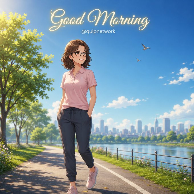 A young woman with glasses strolls along a sunlit riverside path with a city skyline in the background, beneath the text "Good Morning" and the handle "@quipnetwork." The serene, forward-moving scene visually echoes the post's message of builders stepping confidently into the future of quantum-ready blockchain technology.