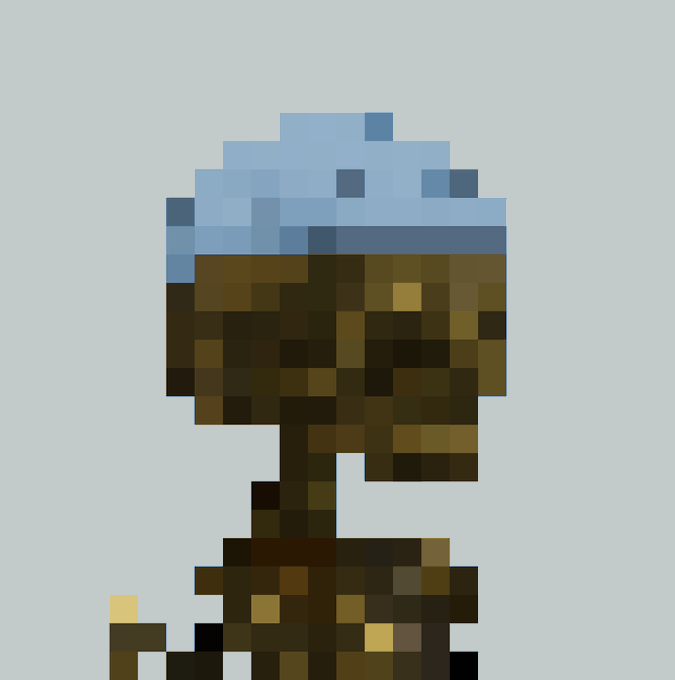 A pixel art depiction of a character or creature wearing a blue beanie/cap, with a brown body and small yellow eyes, set against a light blue background.