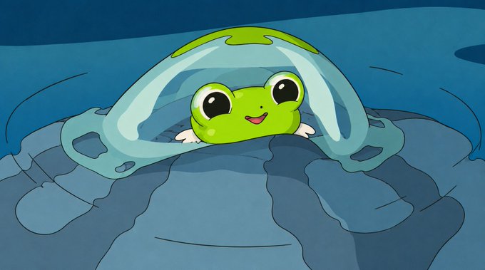 A cartoon illustration of a green frog sitting in a puddle, using a translucent, jelly-like dome as a makeshift umbrella.