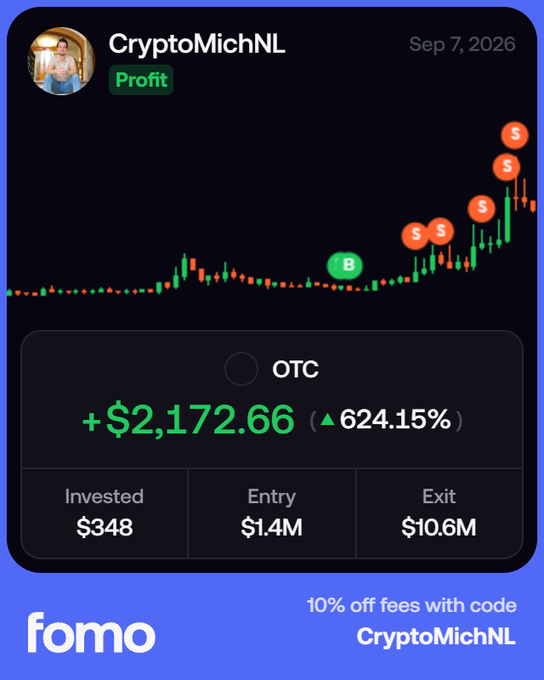 The image displays a FOMO trading profile for "CryptoMichNL" showing a profit of +$2,172.66 (624.15%) on a $348 investment in $OTC, which entered at $1.4M and exited at $10.6M, with multiple buy/sell signals marked on the price chart. This visually supports the post's claim of making $2,200 from a $300 investment in $OTC while promoting the FOMO platform with a 10% off referral code.