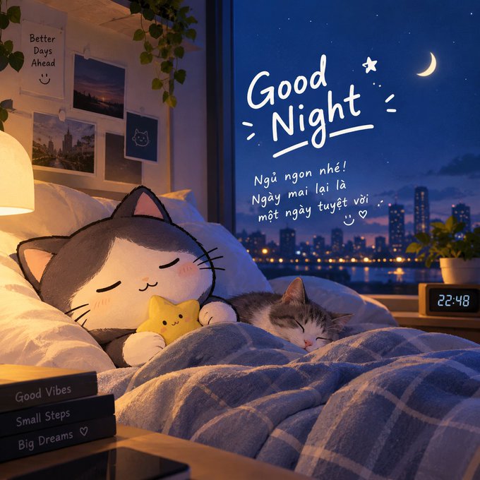 A cozy nighttime bedroom illustration showing a sleeping cartoon cat plushie and a real cat under blue blankets, with 'Good Night' written on the window along with Vietnamese text 'Ngủ ngon nhé! Ngày mai lại là một ngày tuyệt vời', a digital clock reading 22:48, and stacked books labeled 'Good Vibes', 'Small Steps', 'Big Dreams'.