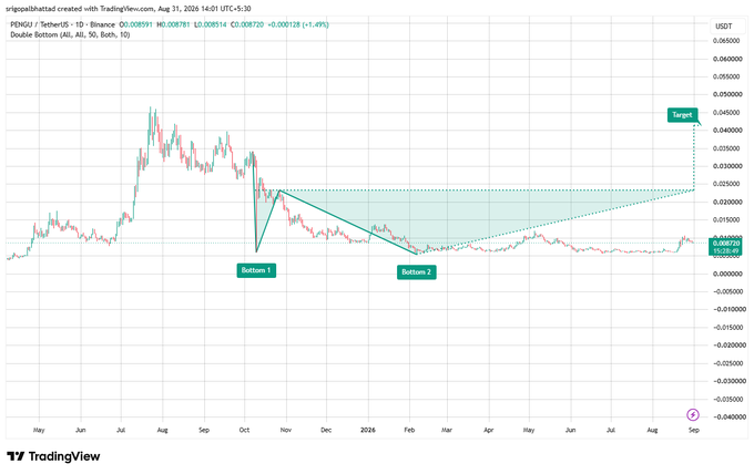 A TradingView chart of PENGU/USDT displaying a Double Bottom pattern with labeled Bottoms 1 and 2 and a projected Target near 0.045, created by user 'sripollabhattd'.