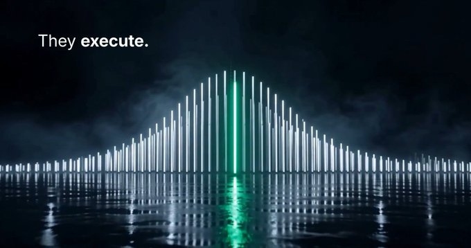 A dark image featuring an audio waveform visualization with a glowing green center spike, accompanied by the text 'They execute.' in the upper left corner.