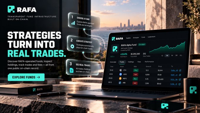 A promotional banner for RAFA, described as 'Transparent Fund Infrastructure. Built On-Chain,' with the tagline 'STRATEGIES TURN INTO REAL TRADES' and a laptop displaying the RAFA Alpha Fund dashboard.
