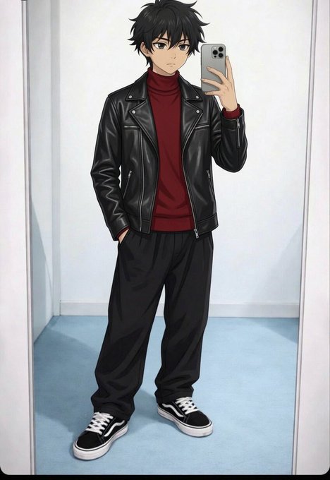 An anime-style illustration shows a black-haired male character taking a mirror selfie, dressed in a black leather jacket over a burgundy turtleneck, black pants, and black-and-white sneakers. The "gm X wake up & chase motion" post aligns with the image's confident, action-ready vibe, reinforcing the theme of grinding and building momentum—fitting for promoting the Timesoul x BingX collaboration.