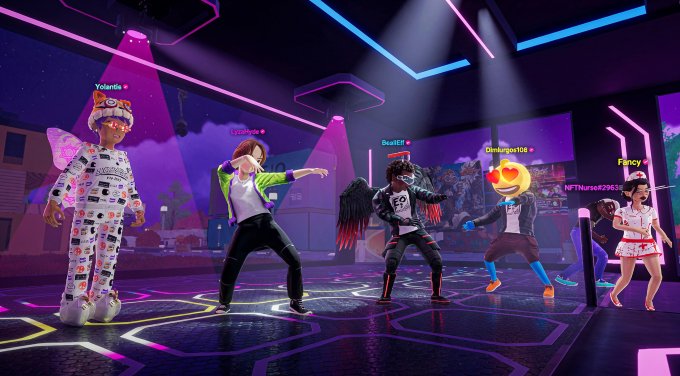 Five stylized avatars with usernames including Yolanda, DeedEET, Smkrlngu10e, Fancy, and NFTNurse829295 are dancing in a neon-lit virtual club.