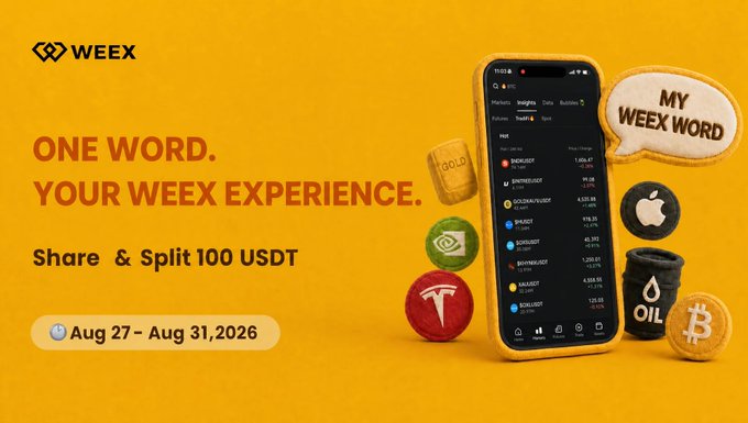 A promotional graphic for WEEX features the headline "ONE WORD. YOUR WEEX EXPERIENCE." alongside event details "Share & Split 100 USDT" running from "Aug 27 - Aug 31, 2026." The image shows a smartphone displaying cryptocurrency price tickers (BTC, SOLUSD, BNX, XRP, DOTUSD, LINKUSD, DOGEUSD, TONUSD) alongside 3D-rendered trading items including a "GOLD" bar, NVIDIA chip, Tesla logo, Apple logo, "OIL" barrel, and Bitcoin coin, visually supporting the post's call for users to share their one-word WEEX experience for a chance to win.