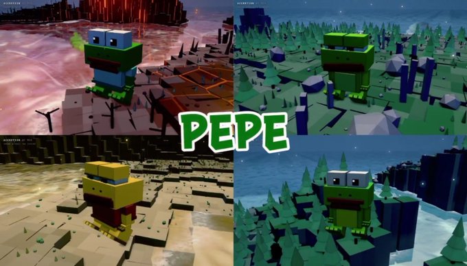Four-panel collage of blocky voxel-style Pepe the Frog characters in various colorful landscapes, with the word "PEPE" in green text in the center.
