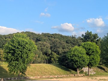A landscape photo of a green, forested hill under a blue sky with scattered clouds.