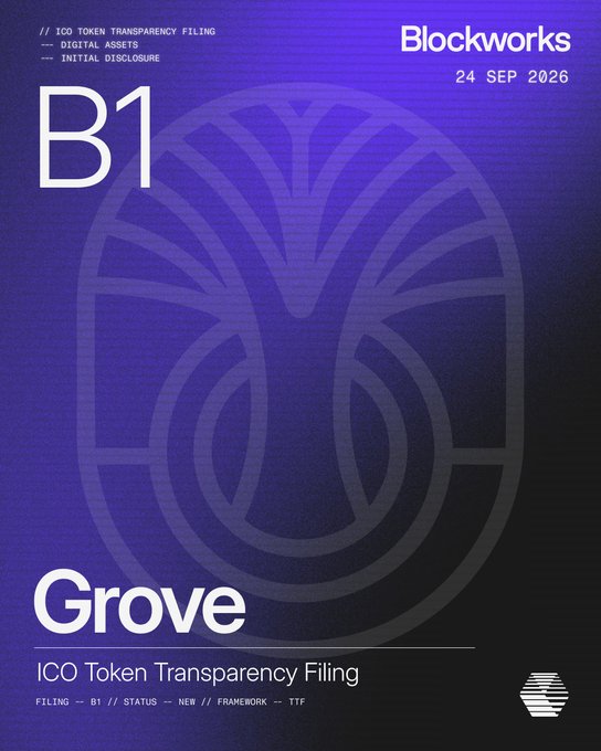 The image is a Blockworks ICO Token Transparency Filing cover page dated 24 SEP 2026, featuring Grove's "B1" designation with status listed as "NEW" under the TTF framework. It visually represents the Token Transparency Filing referenced in the post about Grove's $GROVE token and its onchain institutional credit initiatives.