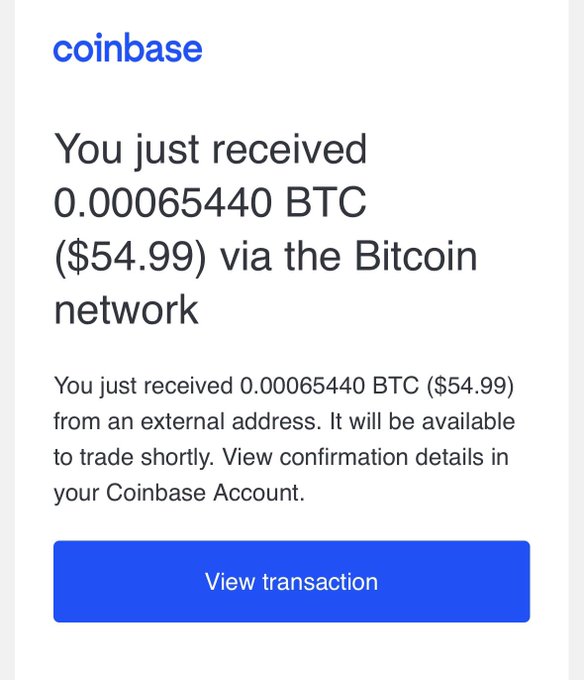 A Coinbase notification showing a received transaction of 0.00065440 BTC ($54.99) via the Bitcoin network.