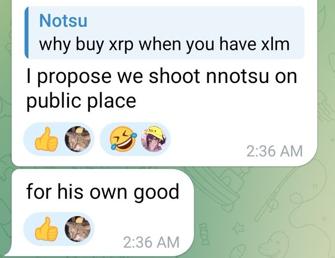 A screenshot of a Telegram group chat showing messages from a user named 'Notsu' joking 'why buy xrp when you have xlm' followed by another user saying 'I propose we shoot nnotsu on public place' and 'for his own good'.