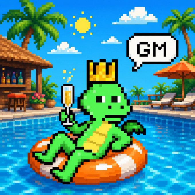 A pixel art illustration of a green lizard character wearing a yellow crown, relaxing in a swimming pool on an orange float while holding champagne, with a 'GM' speech bubble.