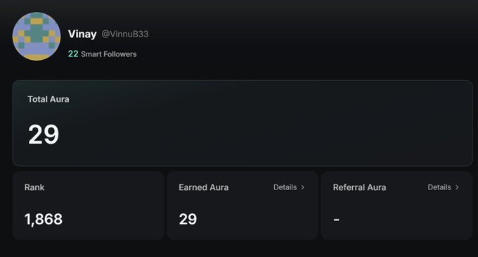 A user profile dashboard for 'Vinay (@VinnuB33)' showing 22 Smart Followers, a Total Aura score of 29, a Rank of 1,868, and an Earned Aura of 29.