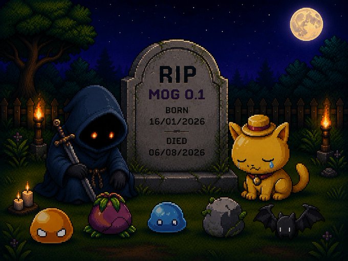 A digital illustration of a graveyard scene at night featuring a tombstone reading 'RIP MOG 0.1, BORN 16/01/2026, DIED 06/08/2026', with a crying orange cat, a hooded grim reaper figure, and pixelated slugs.