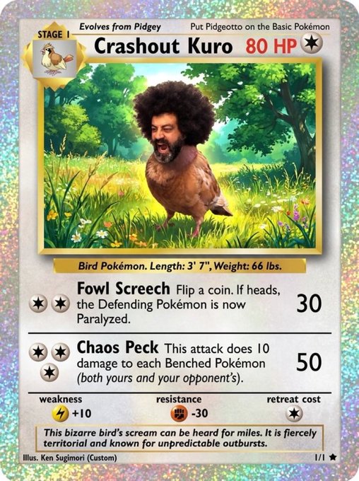 A custom Pokémon trading card parody named 'Crashout Kuro' with 80 HP, depicting a screeching bird-like creature, with attacks 'Fowl Screech' and 'Chaos Peck'.