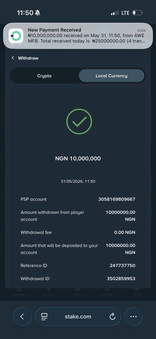 The image shows a phone screen displaying a payment receipt for 10M won, which was received by a user named Sakek. The screen also includes details about the transaction, such as the amount of money received and the date of the transaction. The text on the screen reads "New Payment Received", indicating that the user has recently received their payment.