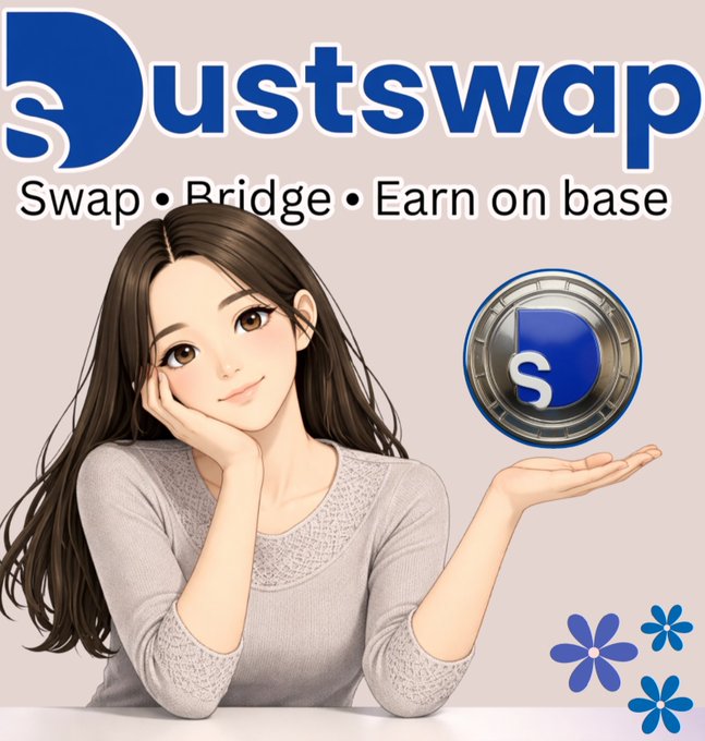 The image features a woman sitting at a desk with her hand raised above her head, as if she's about to give a speech or make an announcement. The background of the image has a light pink color, which contrasts nicely with the blue flowers scattered around the scene. There is also text in the image that reads "@DUSTSWAPON", indicating that this post is related to the Dustswap platform.