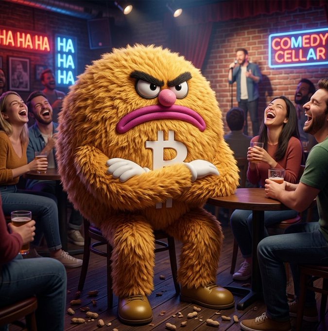 A humorous illustration of an angry, furry Bitcoin-themed creature sitting in a comedy club setting with 'COMEDY CELLAR' neon signage, while audience members laugh around it.