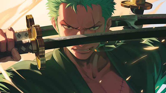 The image features a character with green hair holding a sword, possibly from the anime "Zoro Star". The character appears to be a male, wearing a green outfit that matches his hair color. The background of the image shows a sunset or sunrise, adding a warm and atmospheric feel to the scene. The post also mentions that the character is making Web3 payments using fiat currency, which could suggest that he is involved in some form of cryptocurrency trading or investing.