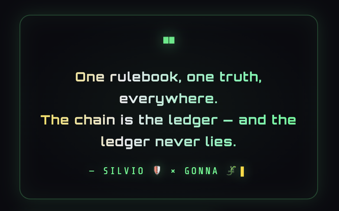 A dark green digital graphic displays the quote 'One rulebook, one truth, everywhere. The chain is the ledger — and the ledger never lies.' attributed to '— SILVIO' and 'GONNA' with football and Juventus emojis.