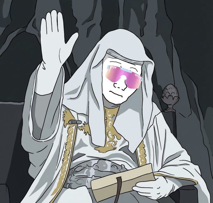A digital illustration of a hooded robed figure wearing pink sunglasses, raising one hand in a wave while holding a scroll, seated against a dark background.