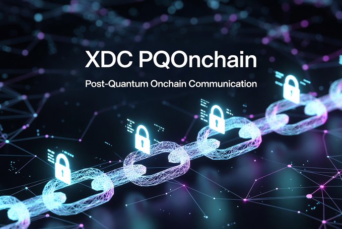 The image features a close-up of a chain with multiple locks, all connected together. The text "XDC PQOnchain" is written above the chain, indicating that this is related to PostQuantum Onchain Communication. The image also includes a link to an article about PostQuantum Onchain Communication and how it relates to XDC.