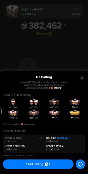 A mobile app interface shows a user profile with 382,452 points and a '67 Balling' event screen, offering a 'Start balling' button.