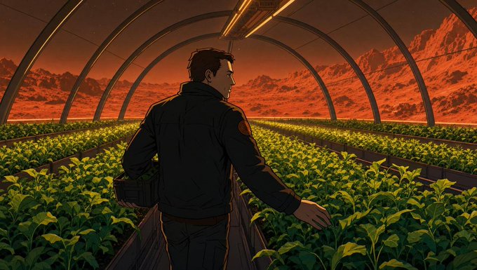 A man tends to a vibrant green greenhouse full of plants, set against a desolate Martian landscape, illustrating the post's vision of Mars becoming verdant with life.