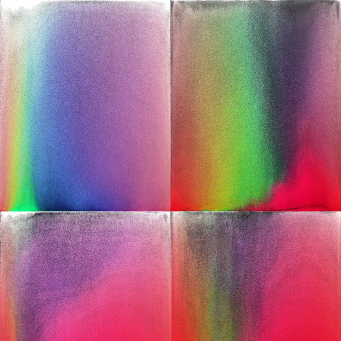 Four-panel abstract painting featuring soft gradients of purple, green, red, and gray colors.