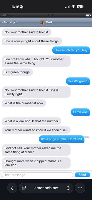 A humorous text message conversation between 'Dad' and the user about buying cryptocurrency, where the father doesn't understand what 'Lemillions' means.