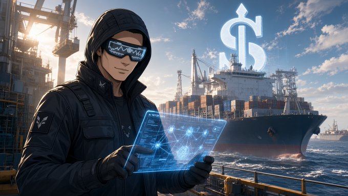An anime-style character in a hooded jacket and tech goggles holds a holographic interface displaying network data, with a large cargo ship and a stylized 'S' logo in the background.