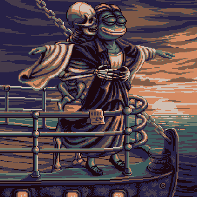 The image shows a graphic design of two characters - a skeleton wearing a robe and glasses, and a woman with a long dress, holding a sword, standing next to each other on an ocean liner deck during sunset. The background includes waves crashing against the boat. 
In the accompanying post about a mint-basepaint artist named @basepaint_xyz who created this artwork, there is a reference to the painting as "Just minted Day #1032: Pepe’s Last Voyage" and an explanation that it was minted 80 days ago at a price of 0.0026 ETH. The image also contains some text, which may provide further context or information about the artist's inspiration or technique behind the artwork.