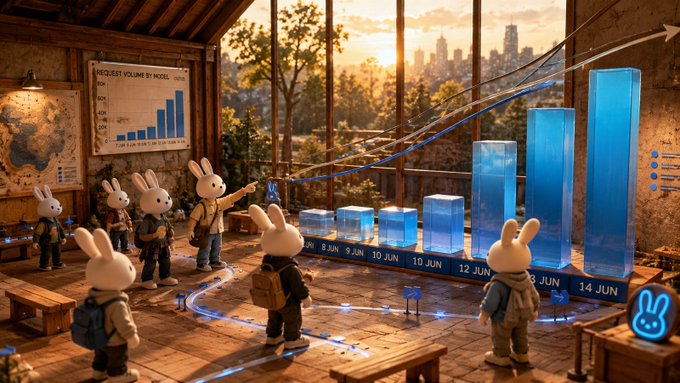 The image presents a lively scene featuring cartoon rabbits, each standing near a large blue graph. The rabbits are wearing backpacks and hats, giving them a playful appearance. They appear to be learning about charts or social studies in their classroom setting. A teacher is also present, further illustrating the educational theme of the scene. 
The background includes various city buildings, indicating that this lesson takes place within an urban context. There is also text on the image that reads "OS Virtual $VIRTUAL . Usage exploded over the last week: requests went from ~10k to ~~77k/day and token consumption is rising to +2.6B tokens (the chart shows strong acceleration starting on the 12th). Immediate catalysts: this week they will drop the litepaper + docs + enable". This suggests that the cartoon rabbits are being engaged in a fun, interactive learning experience about charts and social studies using their classroom setting as a stage for this lesson.