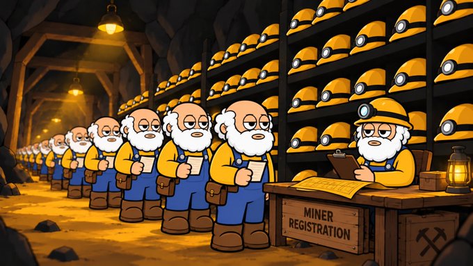 A cartoon-style image shows a long line of identical old miners with white beards, yellow shirts, and blue overalls waiting in a dimly lit mine tunnel, while a clerk behind a desk labeled "MINER REGISTRATION" checks clipboards, with rows of miner helmets displayed on shelves above. The scene visually ties to the post's "First Wave Wallet Checker" announcement, symbolizing miners registering/waiting to verify their wallet allocations before mint, while the matching uniforms reflect the "final allocations" being processed.