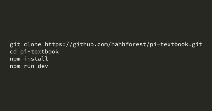 Terminal commands to clone, install, and run the pi-textbook GitHub repository.