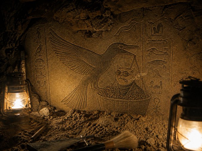 A bas-relief carving on a stone wall depicts a bird with outstretched wings alongside a cat and a basket of offerings, surrounded by hieroglyph-like symbols, illuminated by vintage lanterns. The scene directly mirrors the post's whimsical command to "put the cash in the bird," personifying the ancient bird figure as a vessel for the $CASHBIRD token.