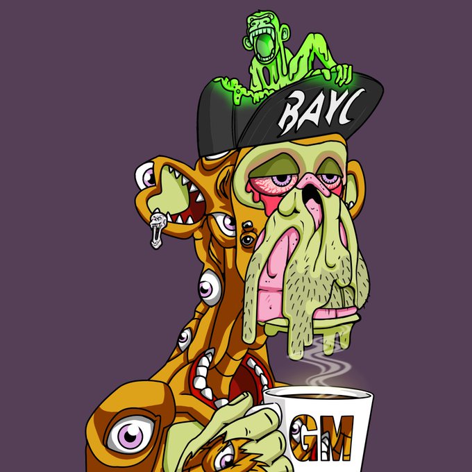 A grotesque cartoon character with green melted facial features and multiple eyes wears a black "BAYC" cap, with a small green zombie ape figure perched on top, while holding a steaming mug labeled "GM." The image ties directly to the post's "GM" call-out by featuring a Bored Ape Yacht Club (BAYC) NFT character—symbolic of the crypto/NFT community—holding a "GM" mug, a common greeting in the space.