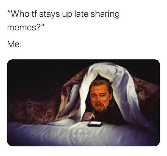 A meme featuring Leonardo DiCaprio hiding under blankets on his phone in bed, captioned '"Who tf stays up late sharing memes?" Me:' to humorously depict someone doing exactly that.