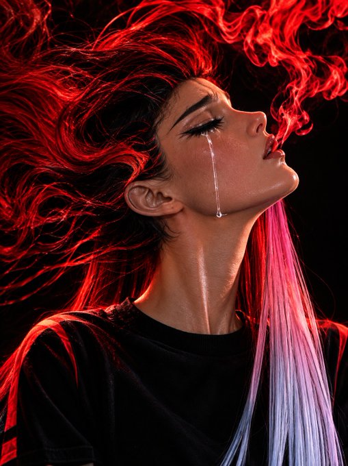 A stylized portrait shows a woman with vibrant red hair exhaling red smoke, with a single tear falling from her closed eye against a black background.