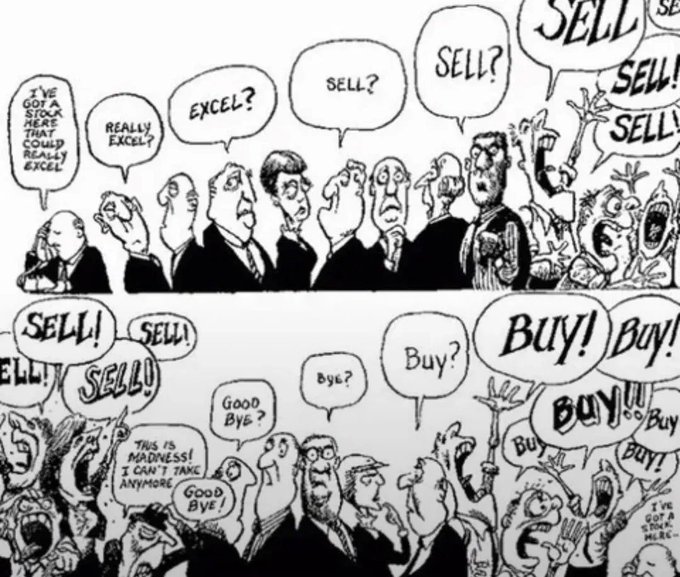 A two-panel black-and-white cartoon depicting stock market chaos: the top panel shows traders whispering 'I've got a stock here that could really excel,' passing along rumors that escalate into shouting 'SELL!', while the bottom panel shows the crowd reversing into 'BUY!' with one character exclaiming 'This is madness! I can't take anymore.'