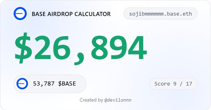 A 'BASE AIRDROP CALCULATOR' interface for 'sojibmmmmm.base.eth' displaying $26,894 for 53,787 $BASE tokens, with a Score of 9 / 17 and created by @devilonnn.