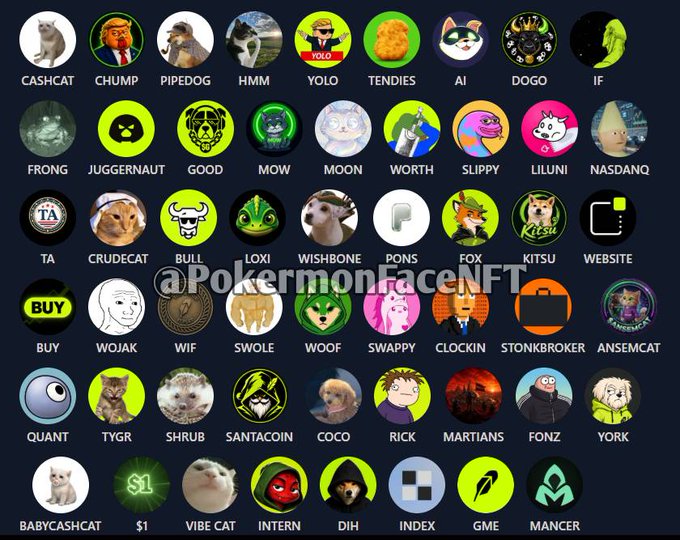 A grid of 48 circular meme coin logos labeled with names like CASHCAT, CHUMP, PIPEDOG, YOLO, TENDIES, DODO, FRONG, JUGGERNAUT, WOJAK, WIF, PONS, FOX, RICK, BABYCASHCAT, and Mancer, with the watermark "@PokermonFaceNFT" across the center.
